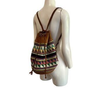 Vintage Woven Leather Backpack Boho Tribal Drawstring Bucket Bag Aztec -